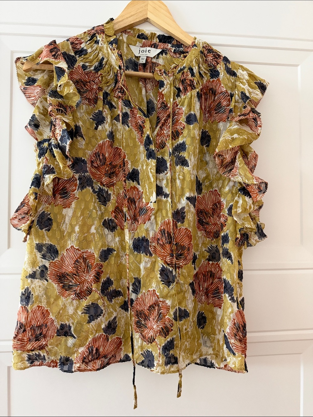 Joie Olive Green Floral Ruffle Tie-Front Blouse-Size Small